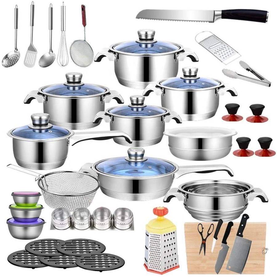 SMTE Stainless Steel 7-Layer Capsuled Bottom Cookware Set With Bread Knife-51Pcs with keychain
