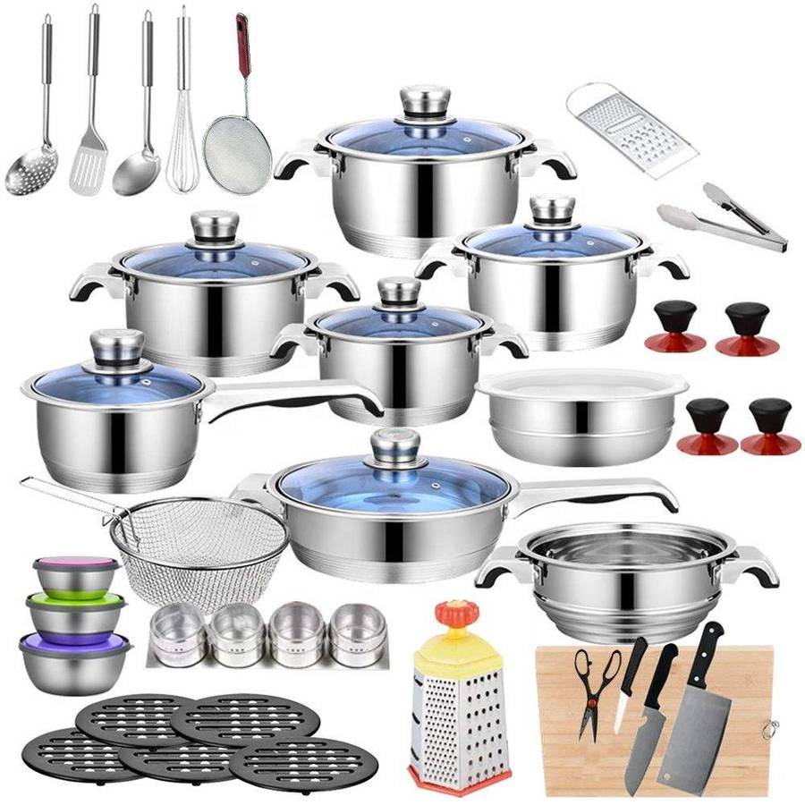 SMTE Quality Stainless Steel 7 Layer Capsuled Bottom Cookware Set - 50 Piece with keychain