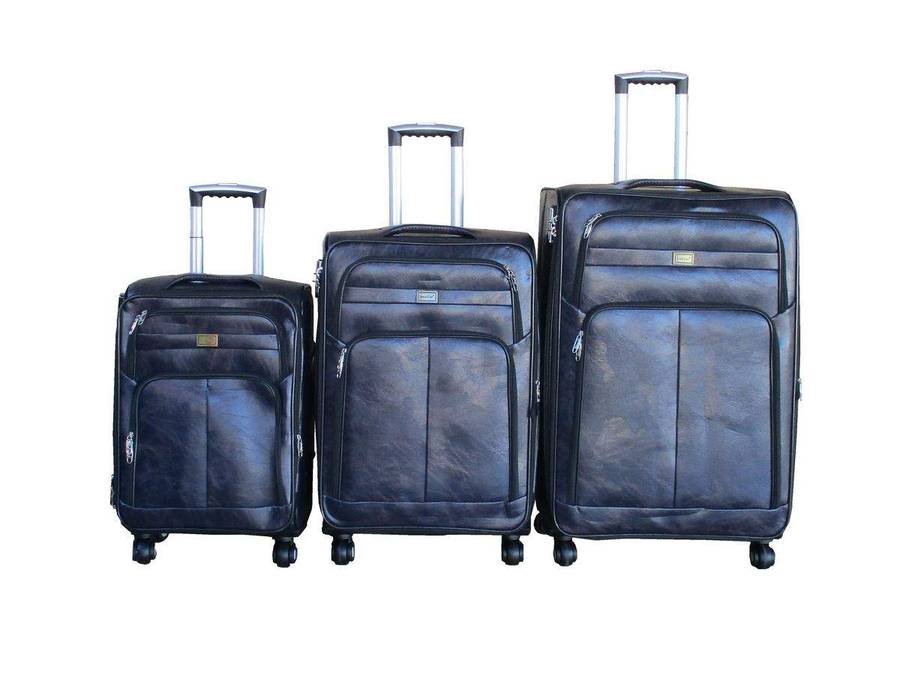 SMTE Blue Star -PU Leather 3-Piece Trolley Luggage Set, Spinner Wheels - Navy with keychain