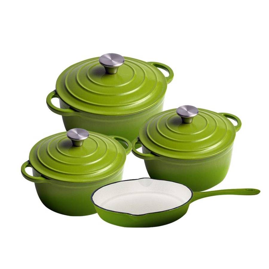SMTE DH - 7 Piece Authentic Dutch Oven Cookware Cast Iron Pot Set - Forest Green with keychain