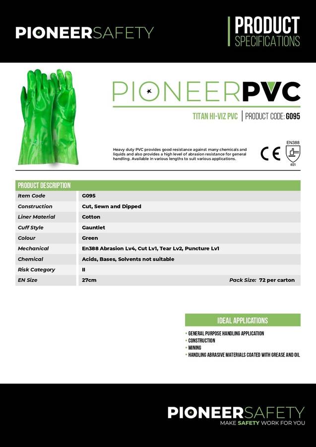 PIONEER SAFETY Gloves PVC Reinforced High Visibility Green Elbow 35cm G095