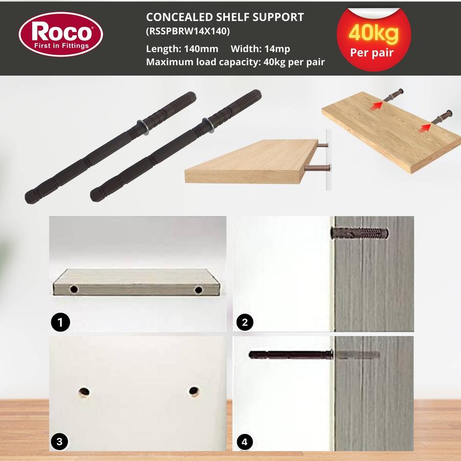 ROCO Shelf Support Concealed Brown 14mm x 140mm ( 2 Pack )