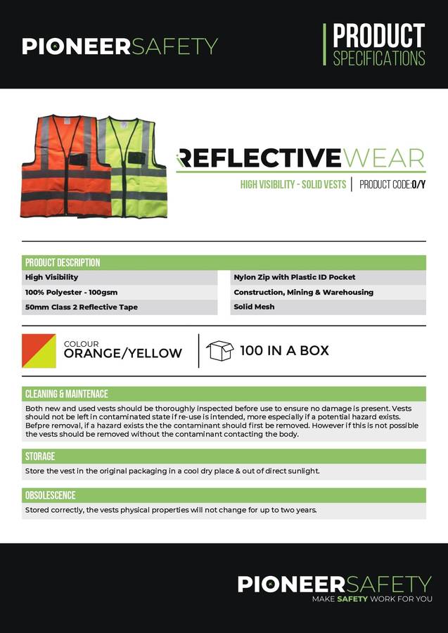 PIONEER SAFETY Vest Reflective Fluorescent Lime Medium Zip/Pocket