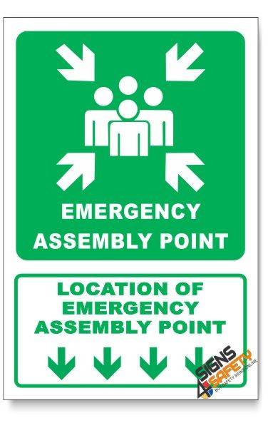 (GA26/D1) Emergency Assembly Point Sign, Arrow Down, Descriptive Safety Sign - 200mm * 300mm Vinyl S