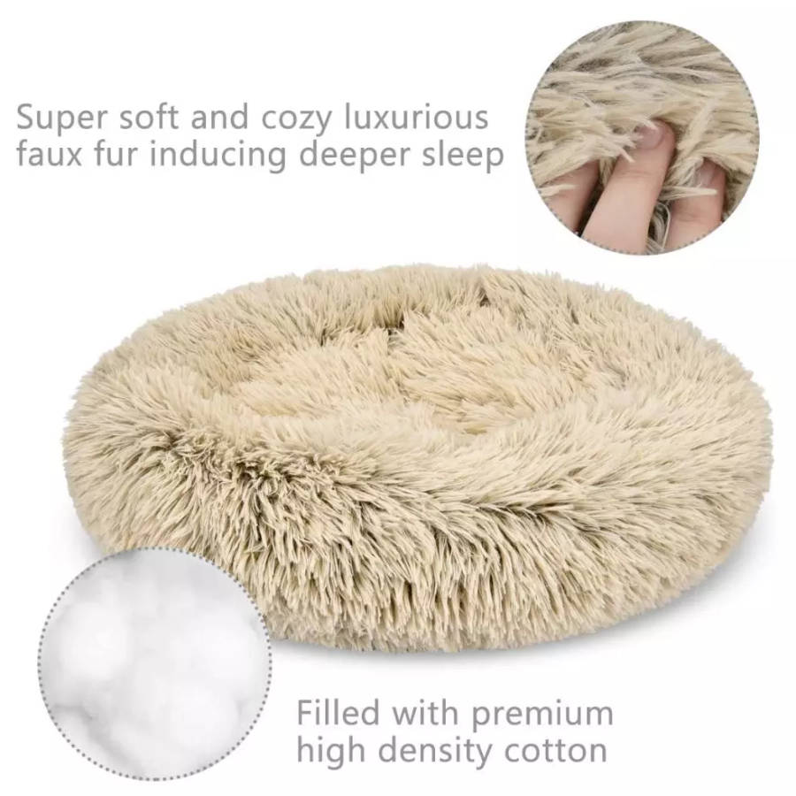 Pet Calming Bed for Dogs & Cats Fluffy Round Doughnut Cuddler - Light Brown - L