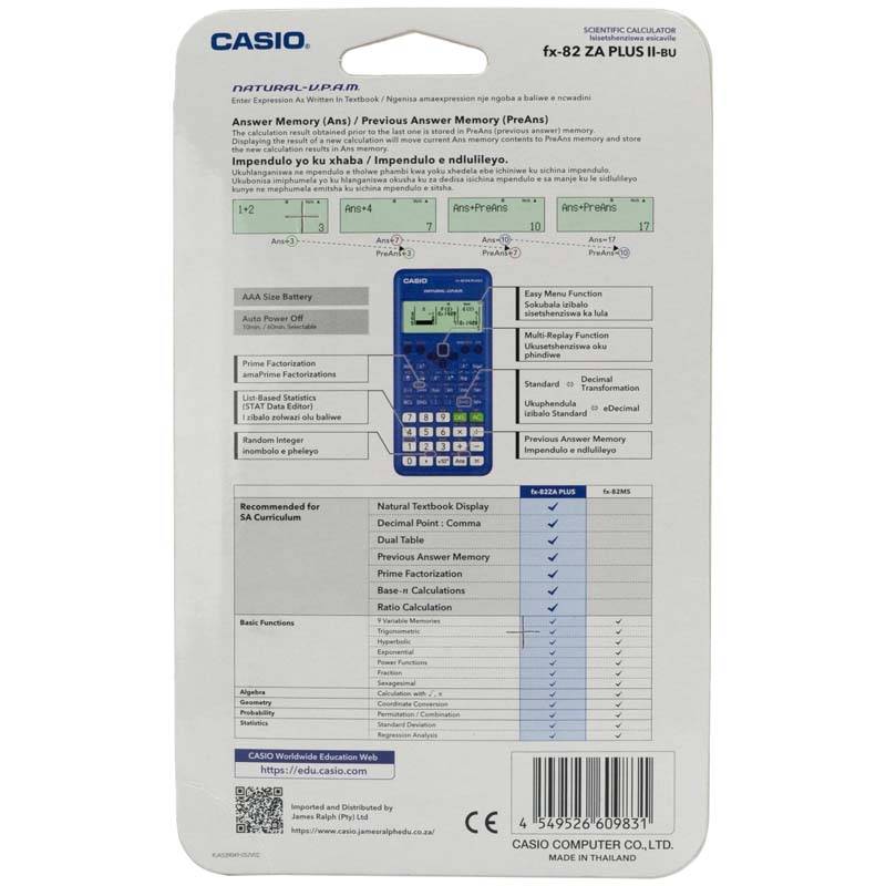 Casio FX-82ZA Plus II Scientific Calculator - Blue