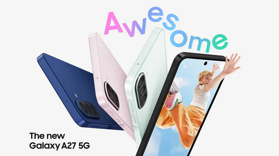Galaxy A27 5G in Blue, Light Green and Light Pink are shown from the side and back view, highlighting the slim design and the Triple Camera system on the back. Galaxy A27 5G in Black is facing slightly right with a colorful image onscreen of a young woman jumping in the air with her hand reaching outside of the phone screen. Awesome. The new Galaxy A27 5G.