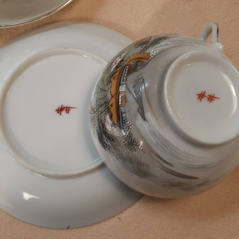Oriental Japanese tea set - fine porcelain - hand decorated landscapes