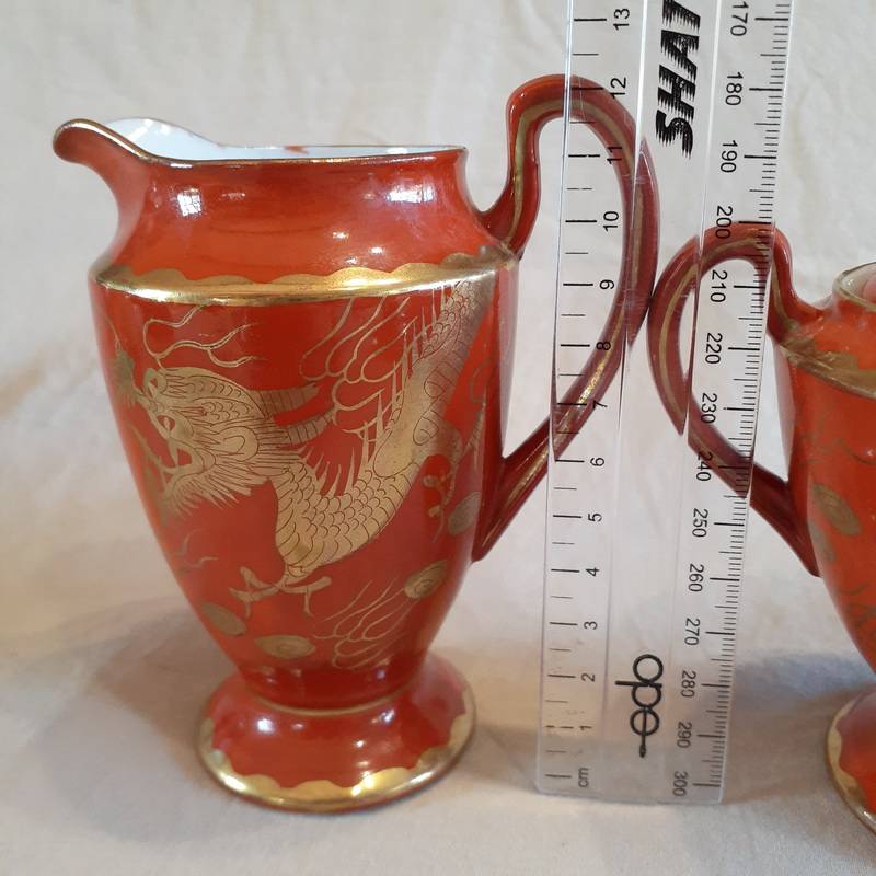 6Japanese coffee set Demi-Tasse -Red with gold dragons jug and sugar basin