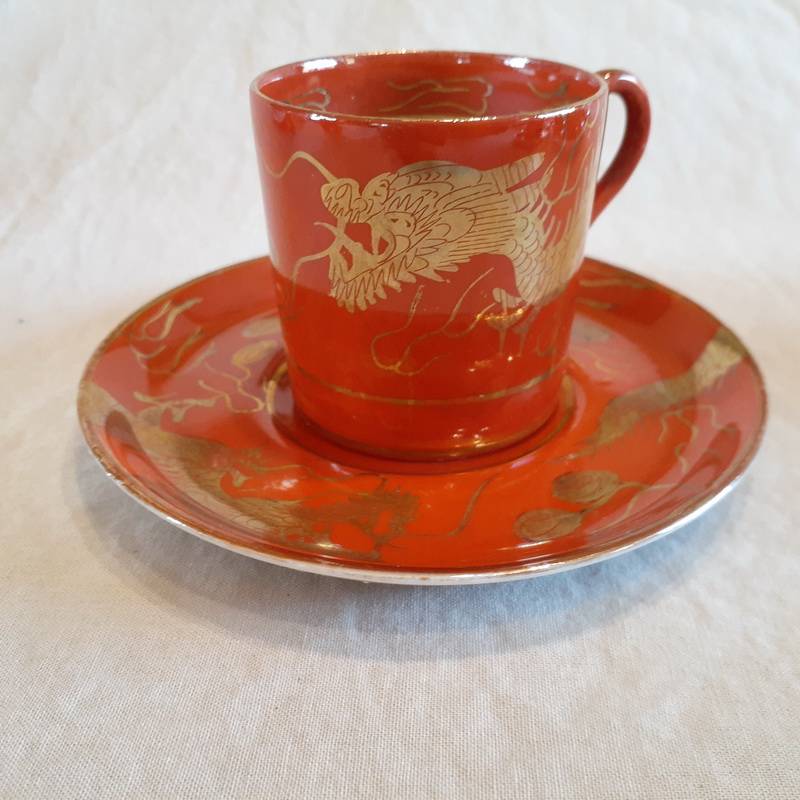 6Japanese coffee set Demi-Tasse -Red with gold dragons jug and sugar basin