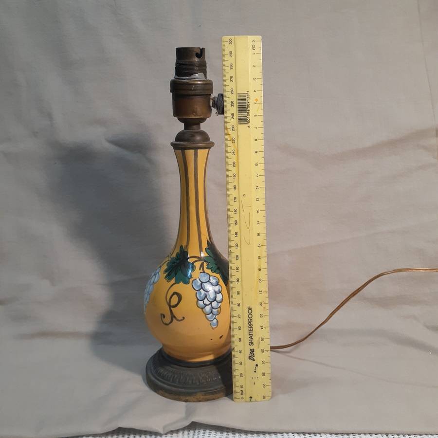 Ceramic Table Lamp hand painted French? Italian Vintage . Polychrome Mustard with grape design