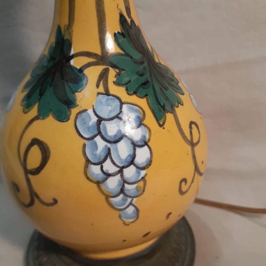 Ceramic Table Lamp hand painted French? Italian Vintage . Polychrome Mustard with grape design