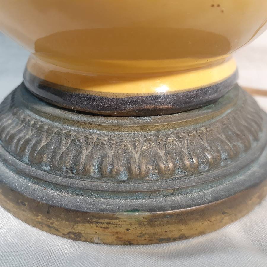 Ceramic Table Lamp hand painted French? Italian Vintage . Polychrome Mustard with grape design