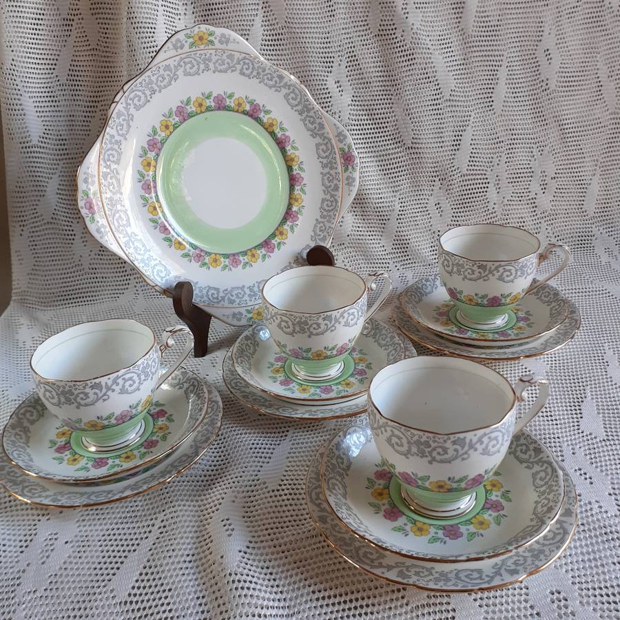 Part Tea Set - 4 trios plus Cake plate and extras - Cavendish English Grafton
