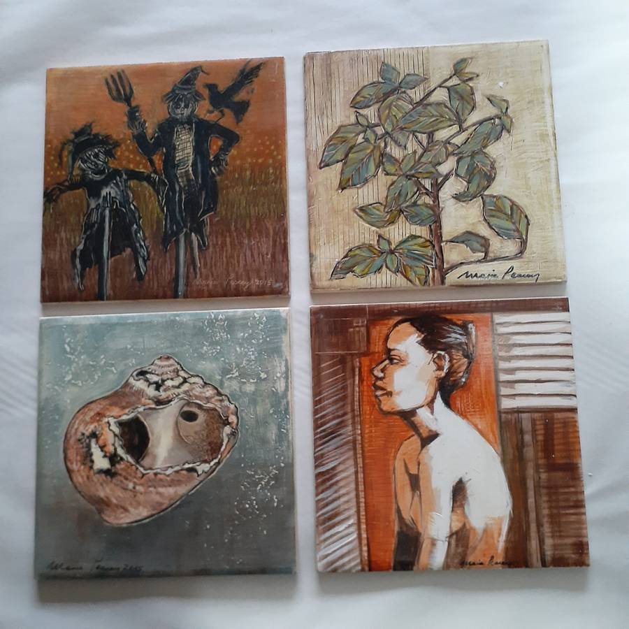 4 South African tiles painted by well known artist Marie Peacey