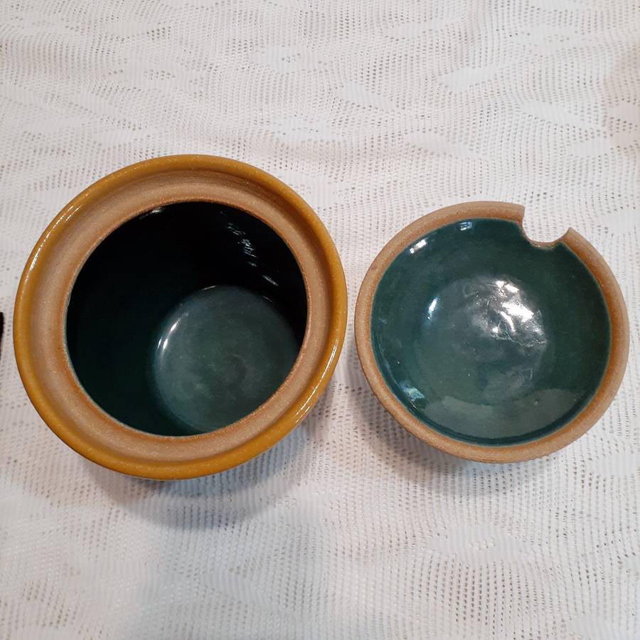 Lidded Stoneware jar with lid - salt jar, kitchen utensil - glazed green inside 17 cms with lid
