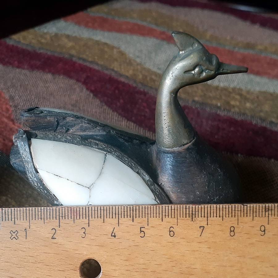 Two carved wooden ducks with bone and brass trim - vintage country decor