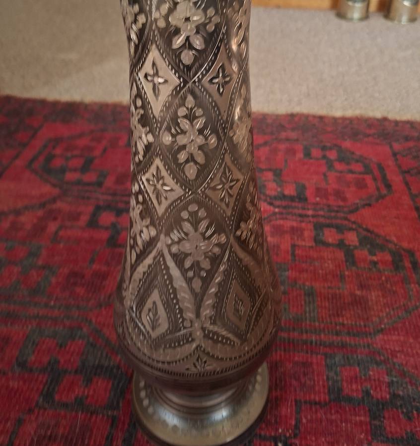Tall etched two toned elegant brass vase 45 cms