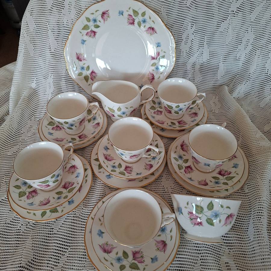 Tea Set Queen Anne 6 trios cake plate sugar basin and milk jug