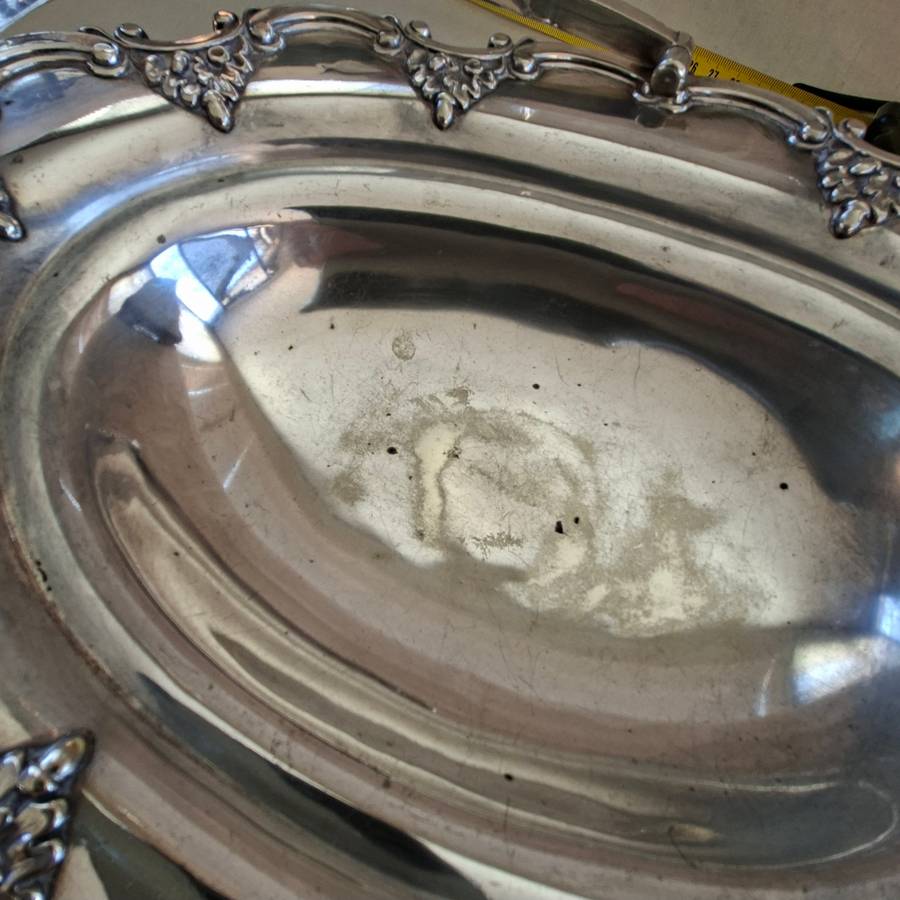 Large Silver plate fruit or wedding "basket"  Leaf and acorn scrolls around the rim.  32 cm dia