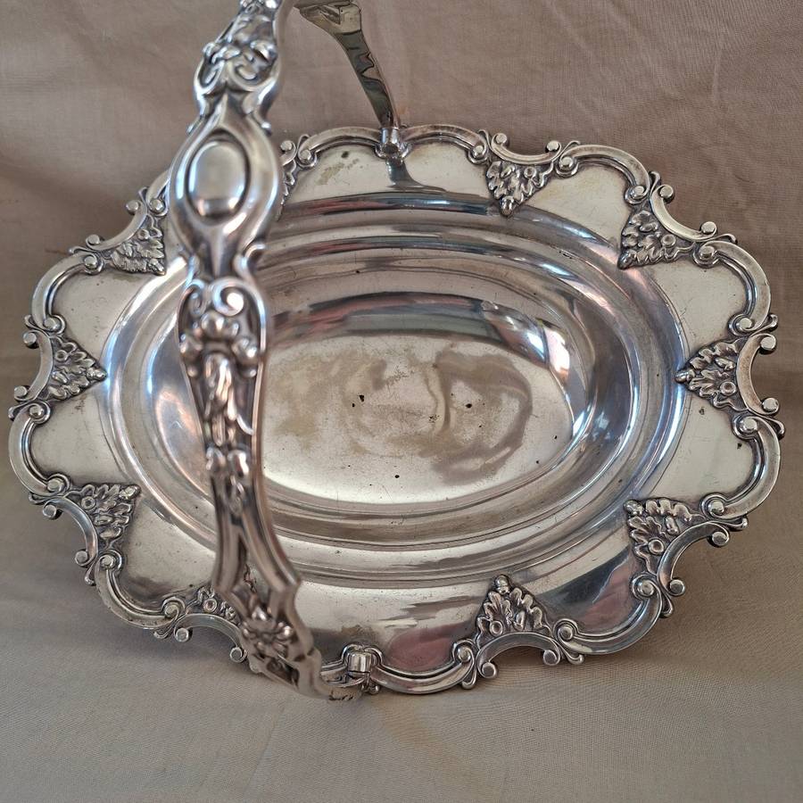 Large Silver plate fruit or wedding "basket"  Leaf and acorn scrolls around the rim.  32 cm dia