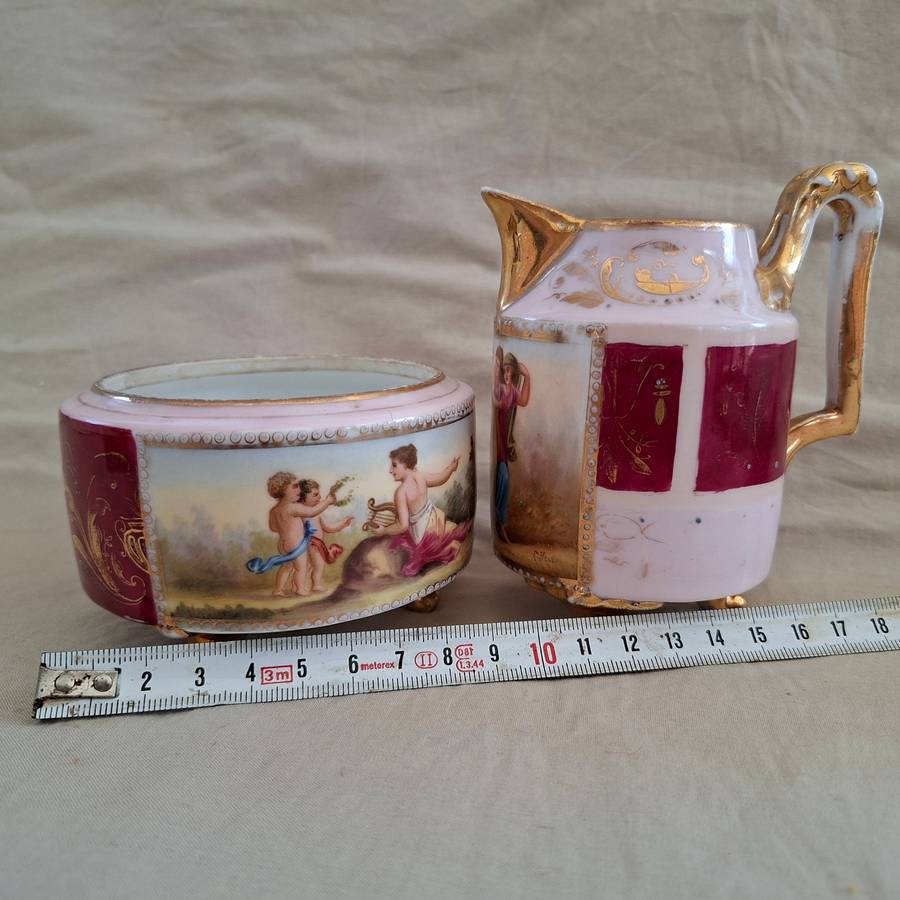Royal Vienna Porcelain Jug and Bowl - C Herr signed on the images.  Romantic Limoges