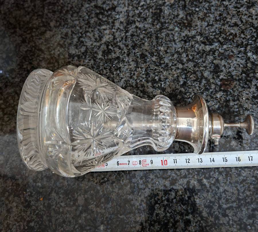 Perfume bottle, Silver Collar, crystal cut glass, atomiser - needs some attention.  17cms