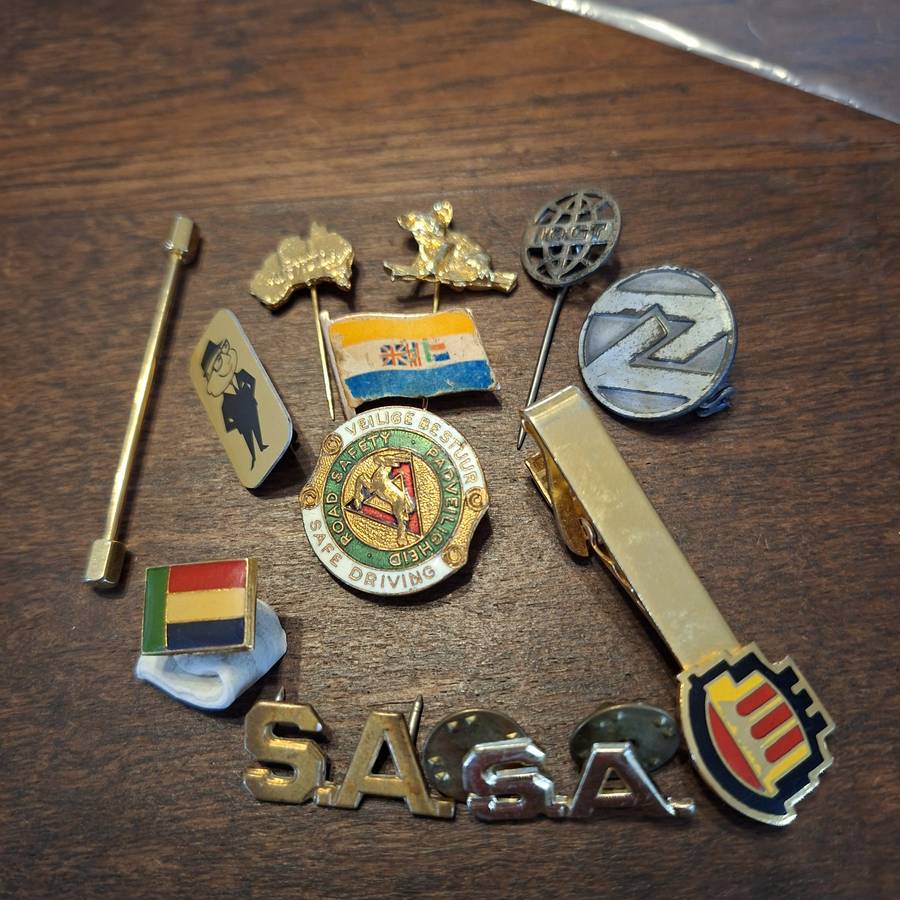 Various pins, enamel, Old SA flag,  SA metal pins. Road safety, and others