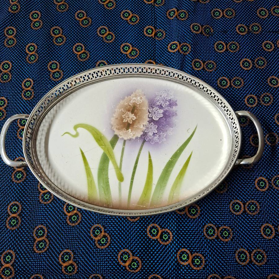 Silver plate gallery tray with floral ceramic base 29 x 17 cms