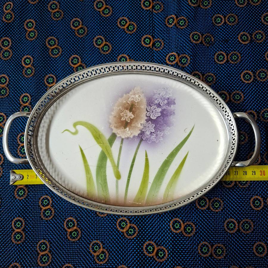 Silver plate gallery tray with floral ceramic base 29 x 17 cms