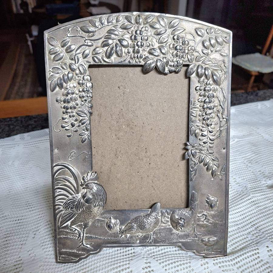Pewter Edwardian picture frame chickens and flowers