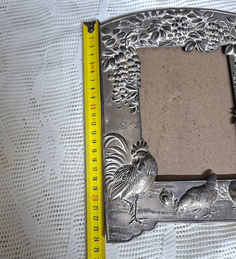 Pewter Edwardian picture frame chickens and flowers