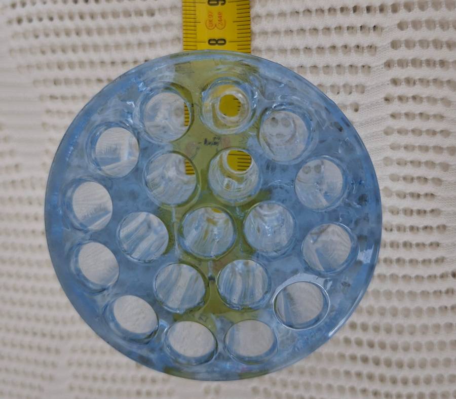Sold Bobshop 17 Oct 2025 Flower frog pale blue glass - for flower arrangement.  7.5 cm dia