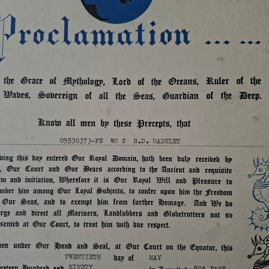 SAS Drakensburg SA Navy ship - Equator Neptune crossing Cert - framed 1990