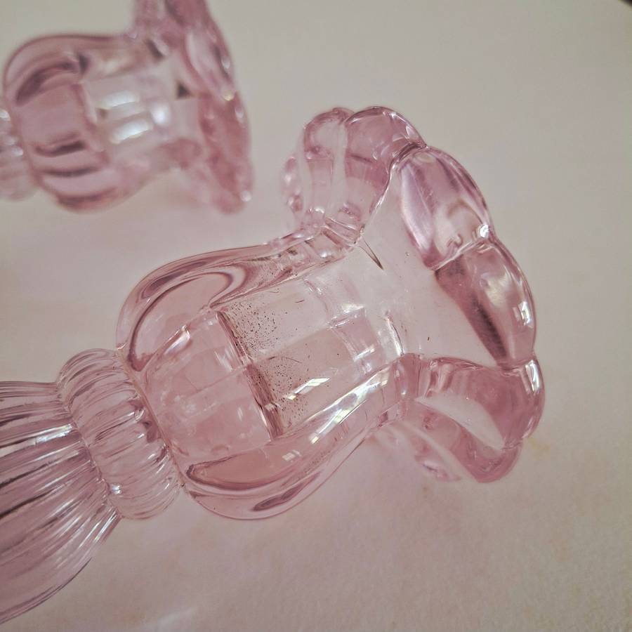 Pair of Glass candlesticks Pink 18 cms tall