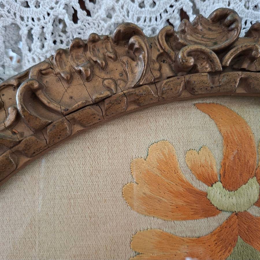 1902 framed silk embroidery - Styalized floral work - satin stitch in original frame