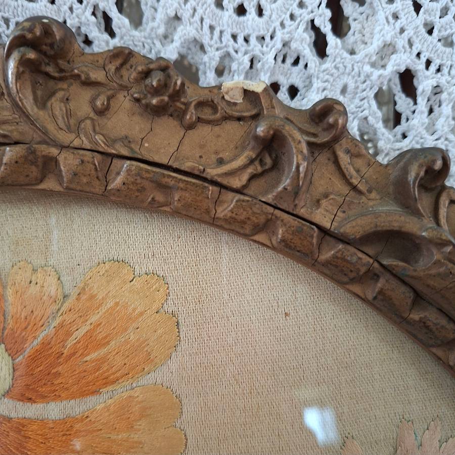 1902 framed silk embroidery - Styalized floral work - satin stitch in original frame