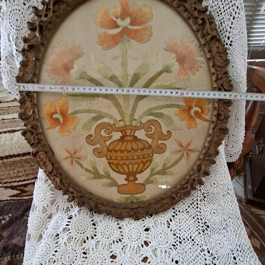 1902 framed silk embroidery - Styalized floral work - satin stitch in original frame