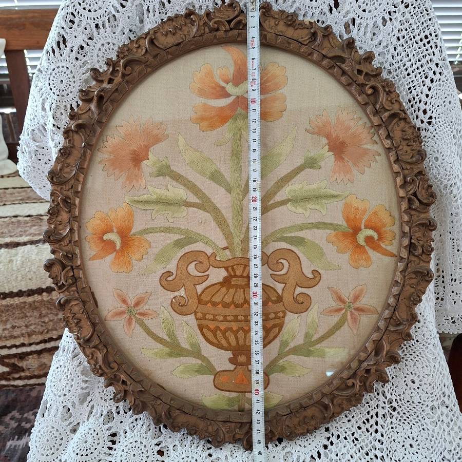 1902 framed silk embroidery - Styalized floral work - satin stitch in original frame