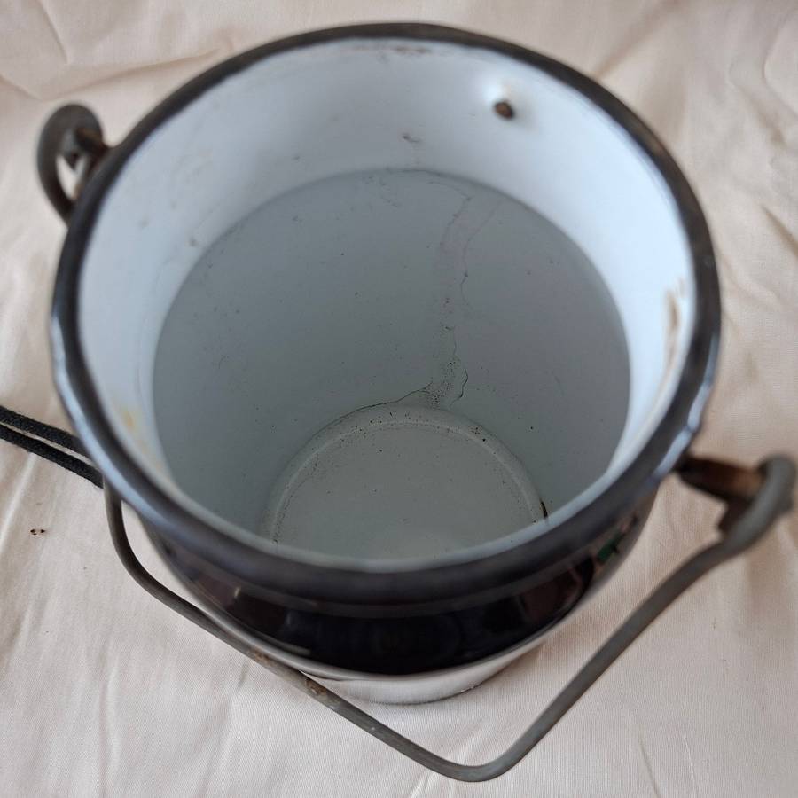 Enamel billycan canister with cup - camping billycan - enamel ware - kitchenalia