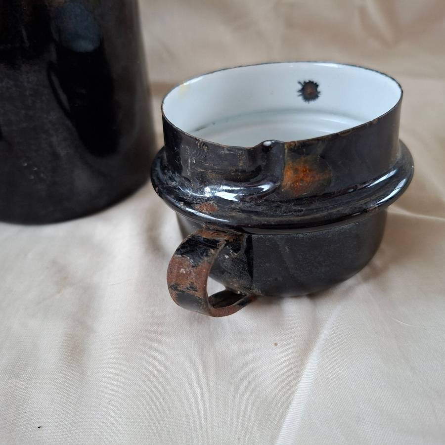 Enamel billycan canister with cup - camping billycan - enamel ware - kitchenalia