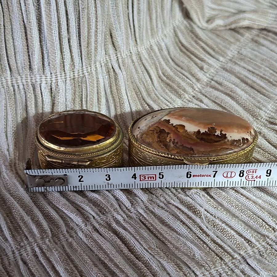 2 ornate gold metal pill boxes - Picture Stone (jasper) plus amber glass pill box - trinket boxes