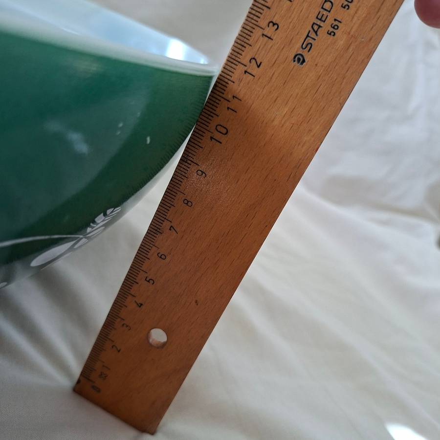 Large Fire King Anchor Hocking mixing / pouring bowl green shamrock design kitchenalia - 32 cms