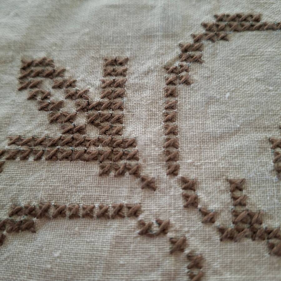 Embroidered linen Lace edged cloth - vintage large table cloth - 1.8 x 1.4