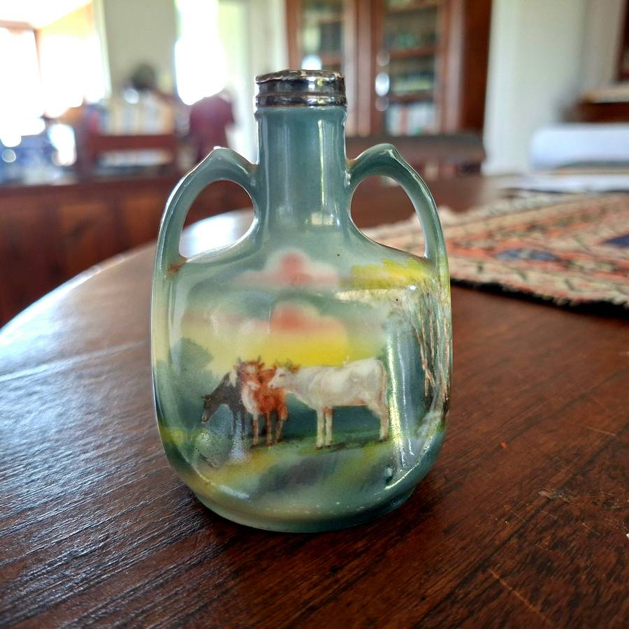 Small Bayeruth Bavaria jug vase with hallmarked silver collar - handpainted cattle