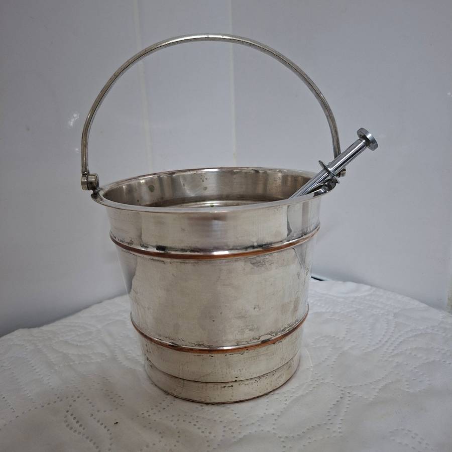 Ice bucket - silver plated with ice drainer and tongs