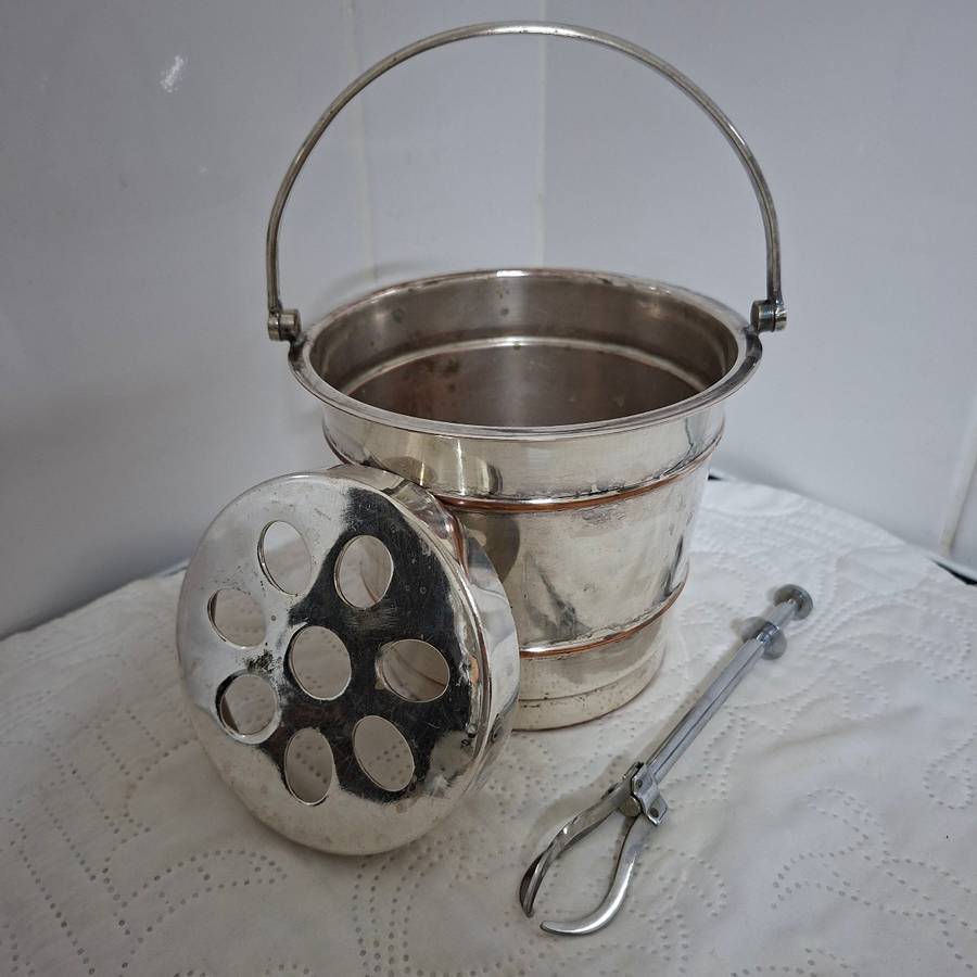 Ice bucket - silver plated with ice drainer and tongs