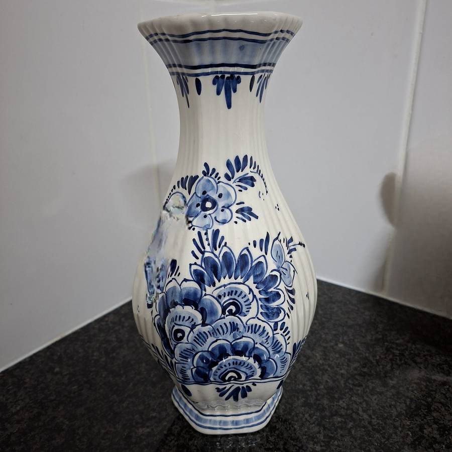 Delft vase 26 cms tall - signed, handpainted, factory mark, vintage