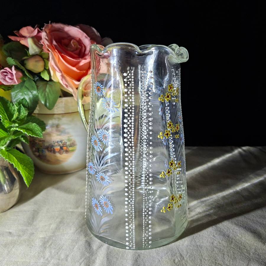 Victorian art glass jug - etched enamelled handblown lemonade jug 19 cms tall