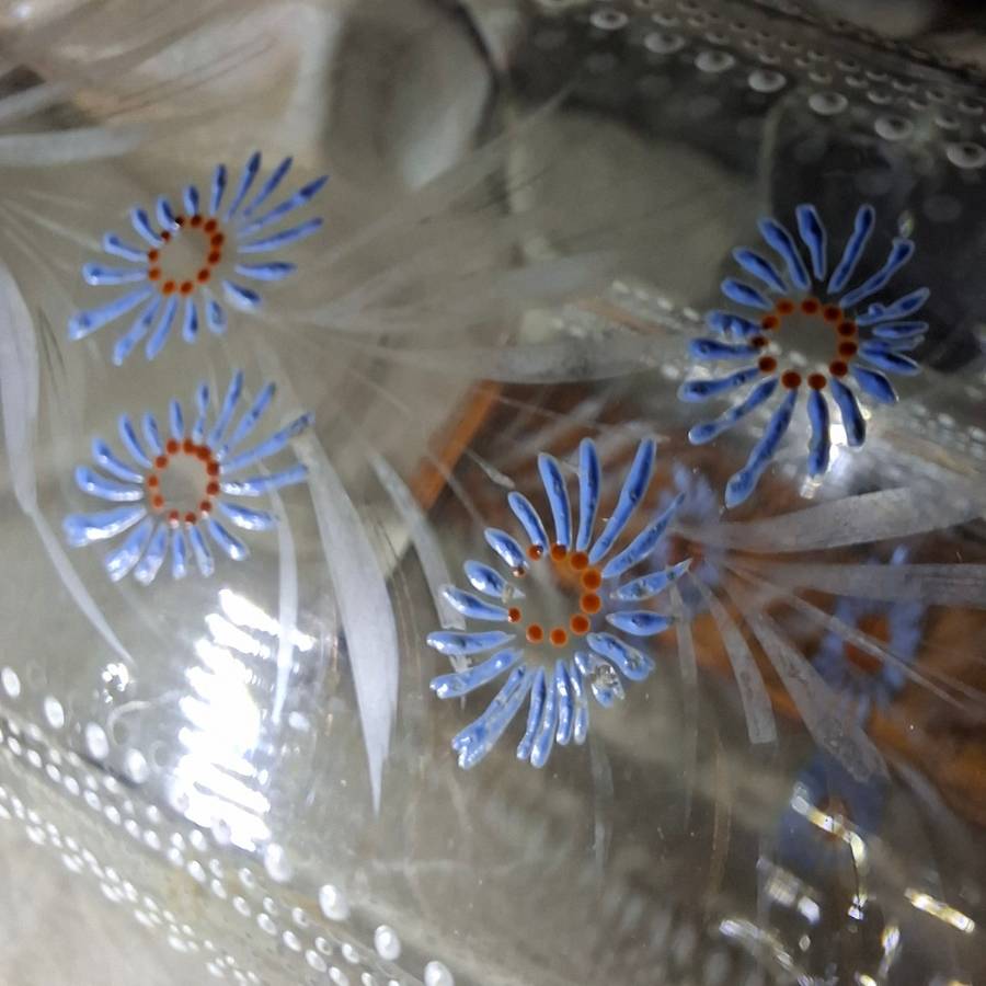 Victorian art glass jug - etched enamelled handblown lemonade jug 19 cms tall